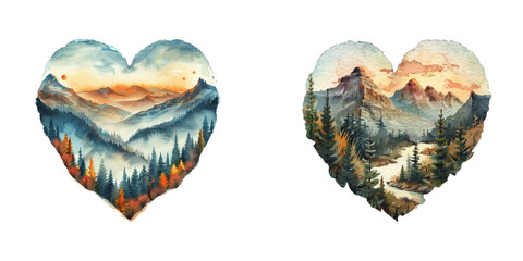 heart shape mountain lanscape view watercolor vector illustration