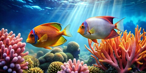 Naklejka premium Vibrant Reef Fish Gracefully Swimming Amongst Colorful Coral in a Sunlit Underwater Scene