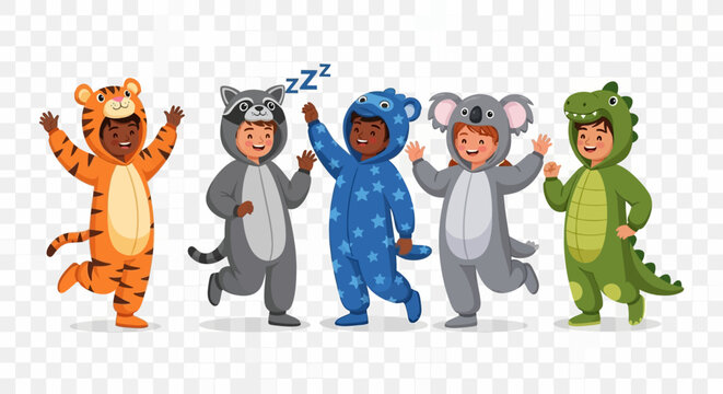 Group of Cheerful Kids in Animal Onesie Pajamas - Childhood Play & Sleepwear Illustration