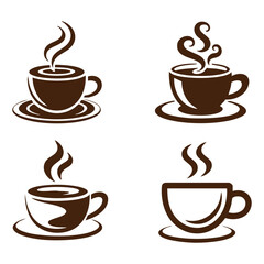 Set of Four Steaming Coffee or Tea Cup Icons, Monochromatic Coffee Cups and Steam Logos, Brown Vector Collection of Hot Drink Mugs ,illustration, vector.
