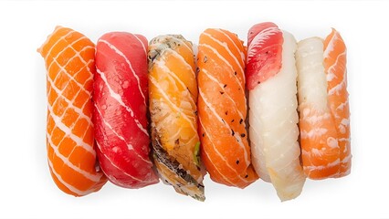 Top view of assorted sushi rolls, vibrant fish colors, seaweed, rice texture, plated neatly on white background, high-resolution, clean lighting, isolated, elegant Japanese food presentation.