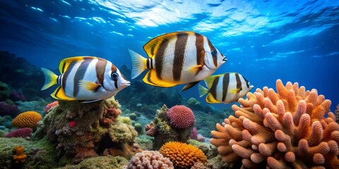 Fototapeta premium Striped Butterflyfish Gracefully Navigate a Vibrant Underwater Coral Reef Ecosystem