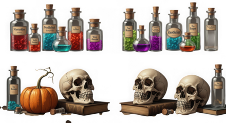 Halloween still life isolated on transparent background featuring skulls and potions
