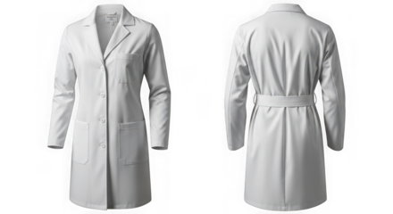 Front and back view of a white lab coat isolated on transparent background