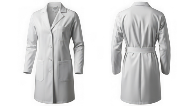 Front and back view of a white lab coat isolated on transparent background