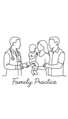 Continuous line drawing of family doctor consultation
