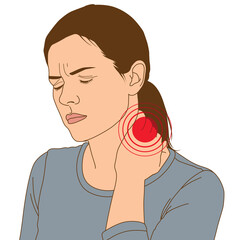 Woman touching neck and shoulder tension pain from office syndrome or after exercise, illustration cartoon on white background