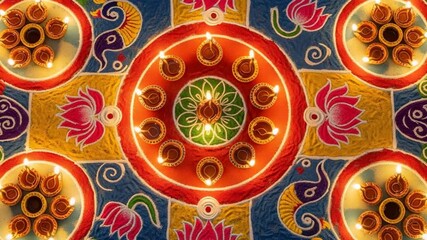 An overhead shot of a colorful rangoli design with lit diyas for diwali festival - Powered by Adobe