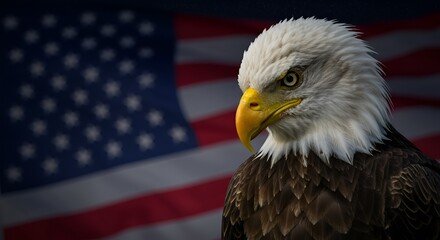 A regal bald eagle gazes resolutely to the right, an American flag gently blurred behind.