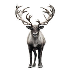 Fototapeta premium Majestic reindeer with impressive antlers stands tall, perfect for winter holiday themes, wildlife documentaries, and northern travel adventure promotions