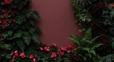Botanical beauty displays vibrant flora against a deep red wall, creating a natural contrast