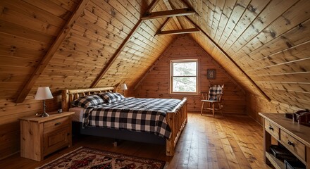 Rustic bedroom in a cozy cabin with wood paneled walls and ceiling creating warm feeling.