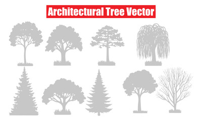 Fototapeta premium Architectural Tree Vector collection featuring detailed tree silhouettes and plant outlines for architectural drawings, landscape design, and urban planning.