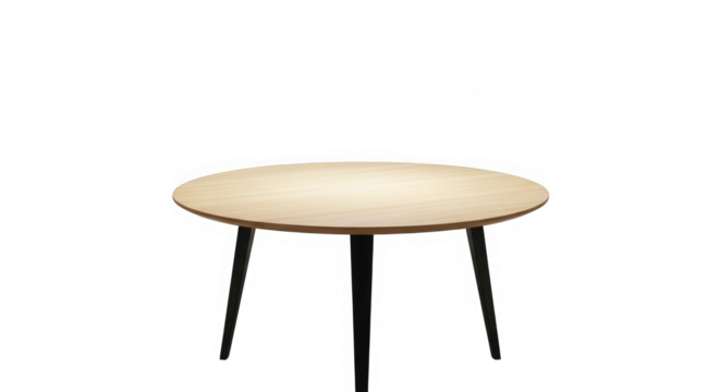 Modern minimalist round top side table with thin legs spotlighted on a dark surface isolated on transparent background