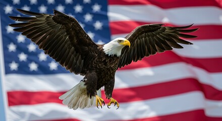 A majestic bald eagle soars with its wings fully extended against the United States flag.