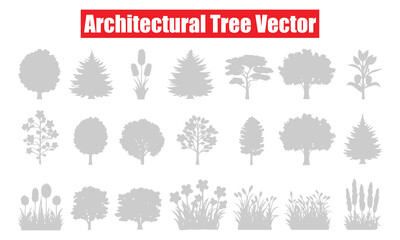 Architectural Tree Vector collection featuring detailed tree silhouettes and plant outlines for architectural drawings, landscape design, and urban planning.