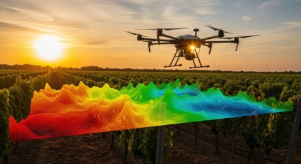 Drone flying over vineyard at sunset, analyzing plant health with a thermal camera and a 3d model of the field, for precision agriculture