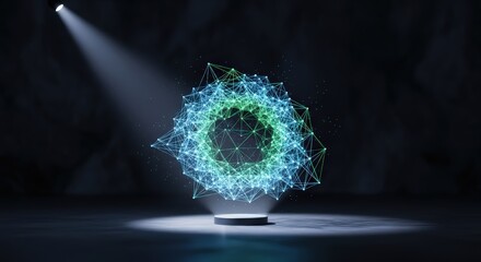 Abstract 3d render of a futuristic network structure with glowing blue and green lights, standing on a pedestal under a spotlight