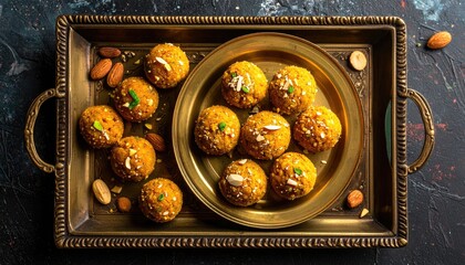 Overhead Antique Tray Filled with Golden Round Sweet Laddoos Garnished with Nuts and Spices on a Dark Textured Background