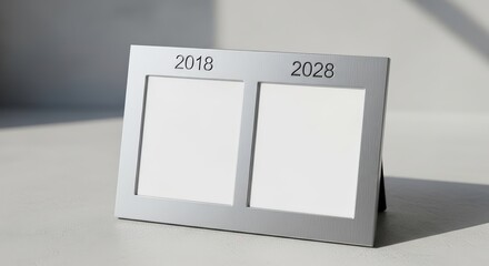 Sleek double photo frame mockup, ideal for showcasing memories from 2018 and anticipating 2028, isolated on white background