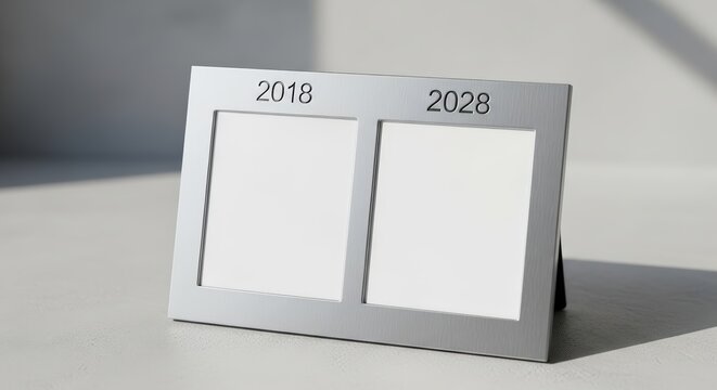 Sleek double photo frame mockup, ideal for showcasing memories from 2018 and anticipating 2028, isolated on white background