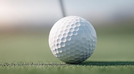 Golf ball on green grass, close-up and focused, against a blurred fairway background.