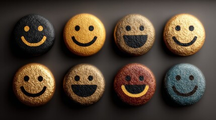 Fototapeta premium Textured smiley face stones, diverse gold, black, and brown, representing happiness and positive emotions.