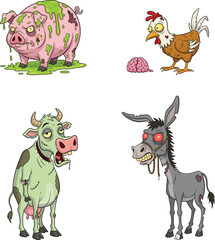 Zombie pig chicken cow donkey illustration, grotesque farm animals, creepy cartoon creatures, undead livestock artwork, horror Halloween parody fantasy design