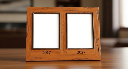 Wooden double picture frame with 2017 and 2027 dates, symbolizing memories and milestones, set against a blurred background