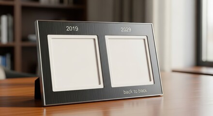 Elegant double photo frame showcasing cherished memories from 2019 and 2020, displayed on a wooden table with a blurred bookshelf backdrop