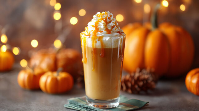 Iced caramel pumpkin spice latte topped with whipped cream and caramel drizzle surrounded by autumn pumpkins and warm lights