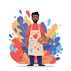 Artist with Palette and Brush in Studio.