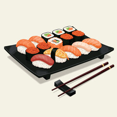 Assortment of Sushi and Nigiri on a Black Platter with Chopsticks.