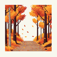 Autumn Forest Path with Falling Leaves.