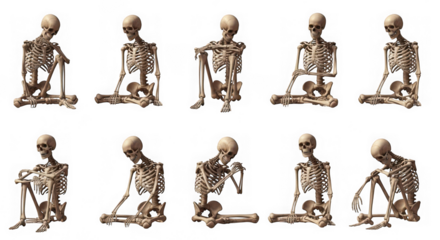Collection of ten human skeletons in various poses isolated on transparent background