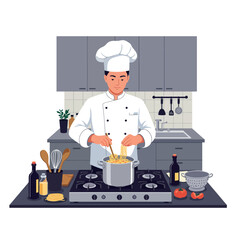 Chef cooking pasta in a modern kitchen.