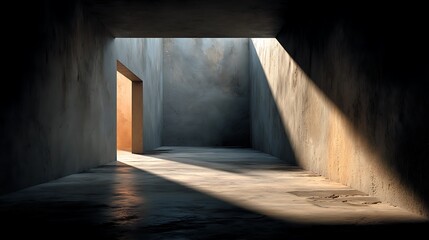 Minimal concrete floor background with soft sunlight streaks and subtle reflection, neutral gray tones and large blank center space ideal for product display or advertising layout.