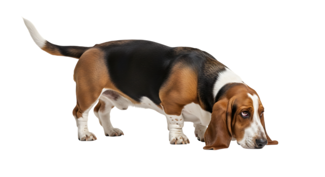 Basset hound dog sniffing the ground isolated on transparent background