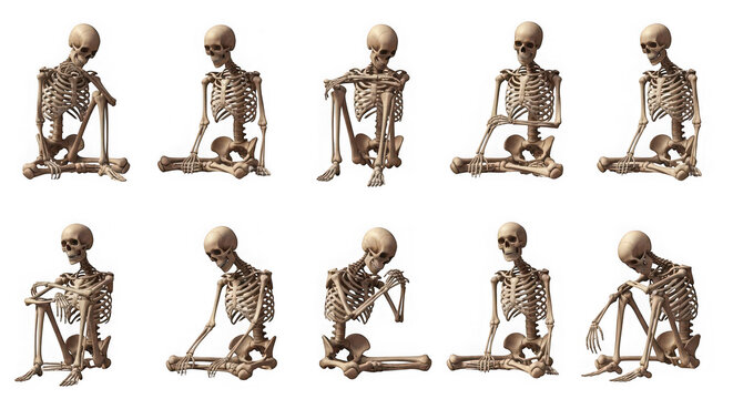 Collection of ten human skeletons in various poses isolated on transparent background