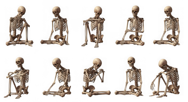 Collection of ten human skeletons in various poses isolated on transparent background