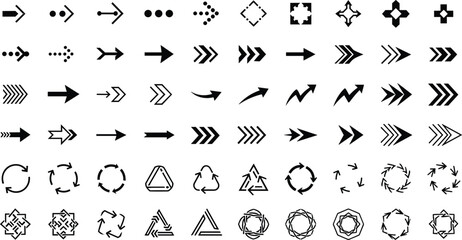 Arrow icons, recycling symbols, vector arrows, circular arrows, chevrons, motion arrows, curved arrows, eco icons, mandala arrows, graphic elements