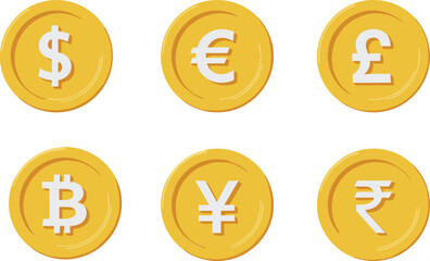 Currency coin icons, global money symbols, dollar euro pound, bitcoin yen rupee, financial graphic, gold coins, finance concept