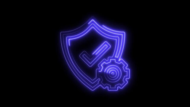 Neon shield checkmark with gear icon cybersecurity protection and technology integration for system security