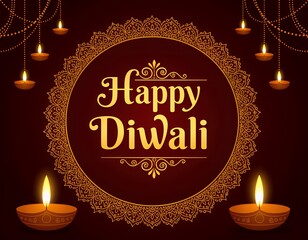 Elegant Happy Diwali Greeting with Golden Typography, Diyas & Mandala on Maroon Background