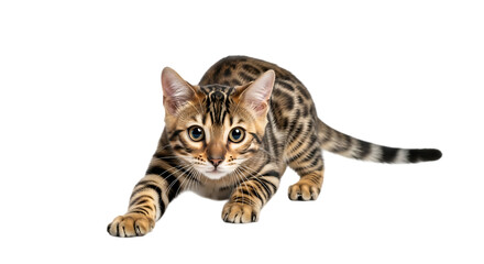 Bengal cat is crouching down isolated on transparent background, ready to pounce