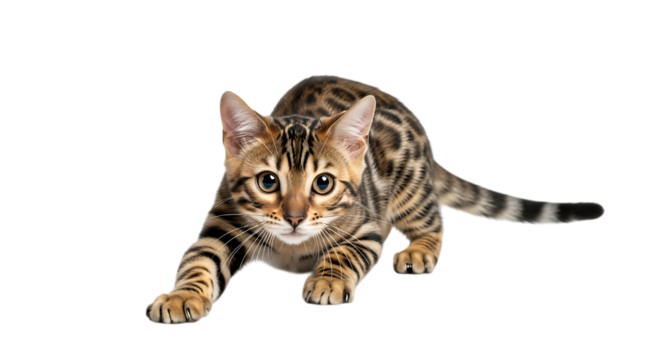 Bengal cat is crouching down isolated on transparent background, ready to pounce