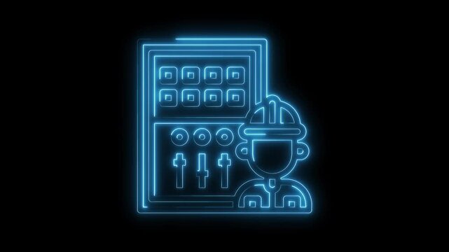 Neon technician controls switchboard industry industrial electrical panel and engineer working abstract animation