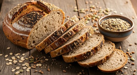 Artisan Multigrain Bread Loaf with Slices and Seeds on Rustic Wood Surface