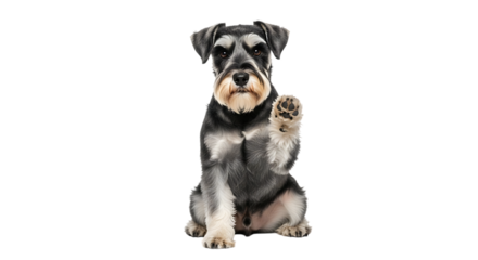 Adorable miniature schnauzer sitting and raising its paw isolated on transparent background