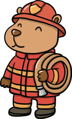 Adorable Capybara Firefighter Vector | Cute Animal Holding Water Hose Cartoon Illustration